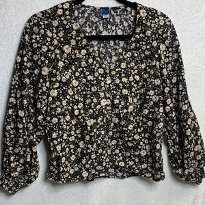 Old Navy Black Floral Button-Front Blouse with Cream Flowers